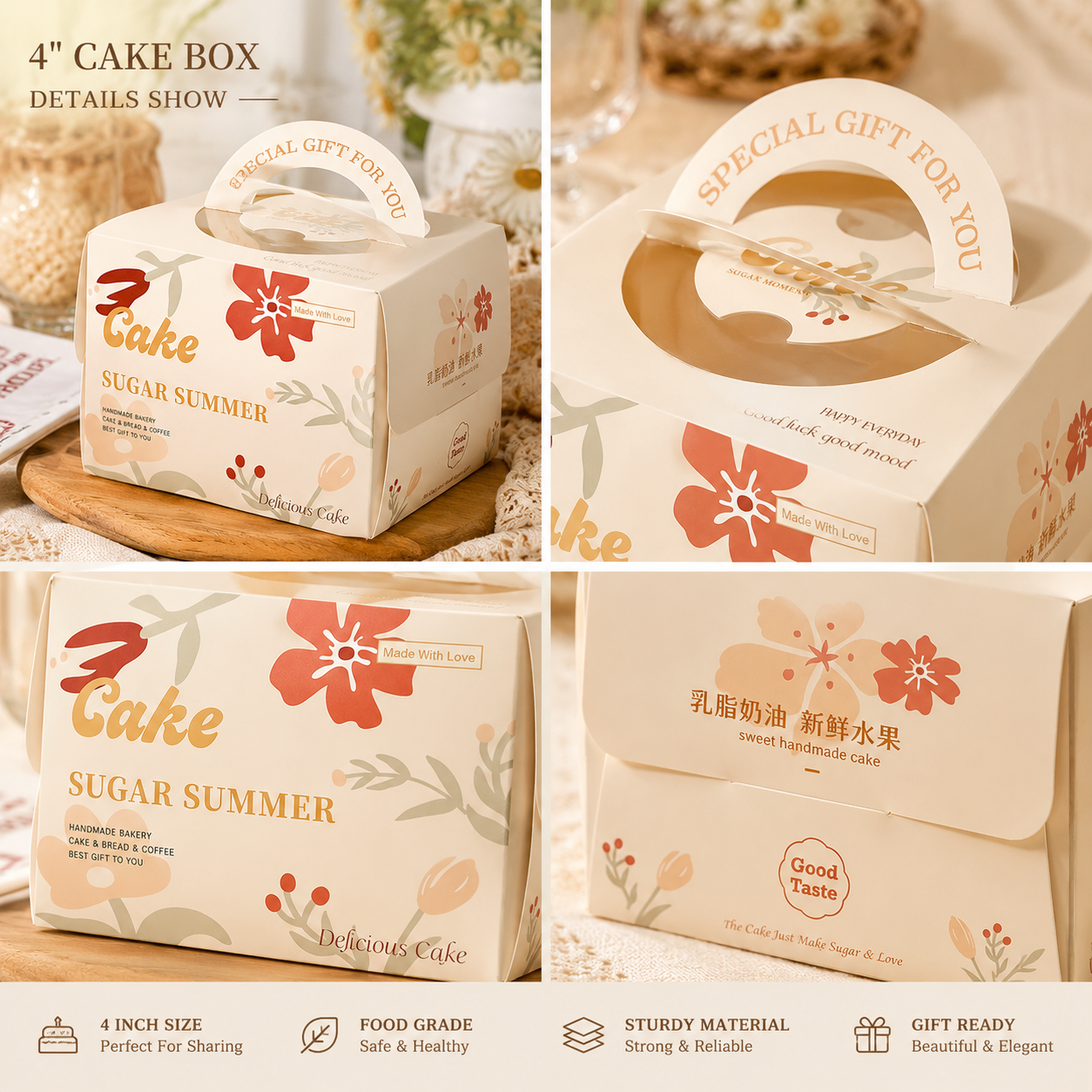 "sugar summer" floral 4 inch cake box with handle & window "sugar summer" floral 4 inch cake box with handle & window