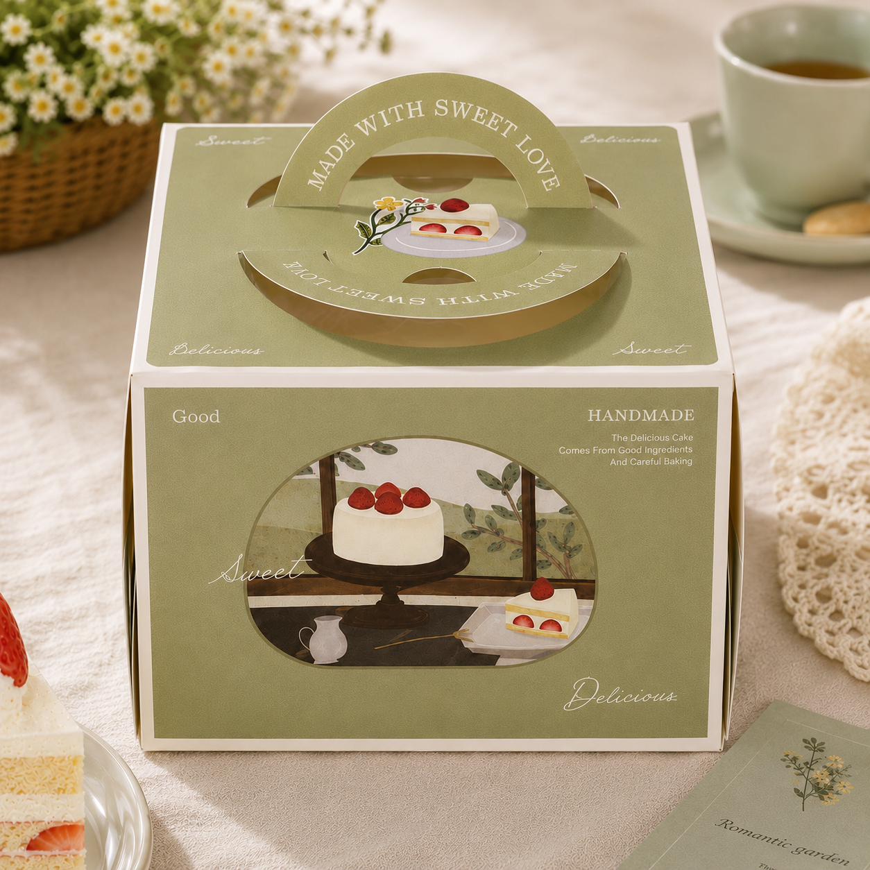 forest style vintage green 4 inch cake box with handle & window forest style vintage green 4 inch cake box with handle & window