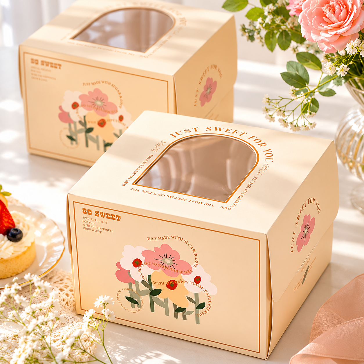 cream floral printed cake box with window & handle cream floral printed cake box with window & handle