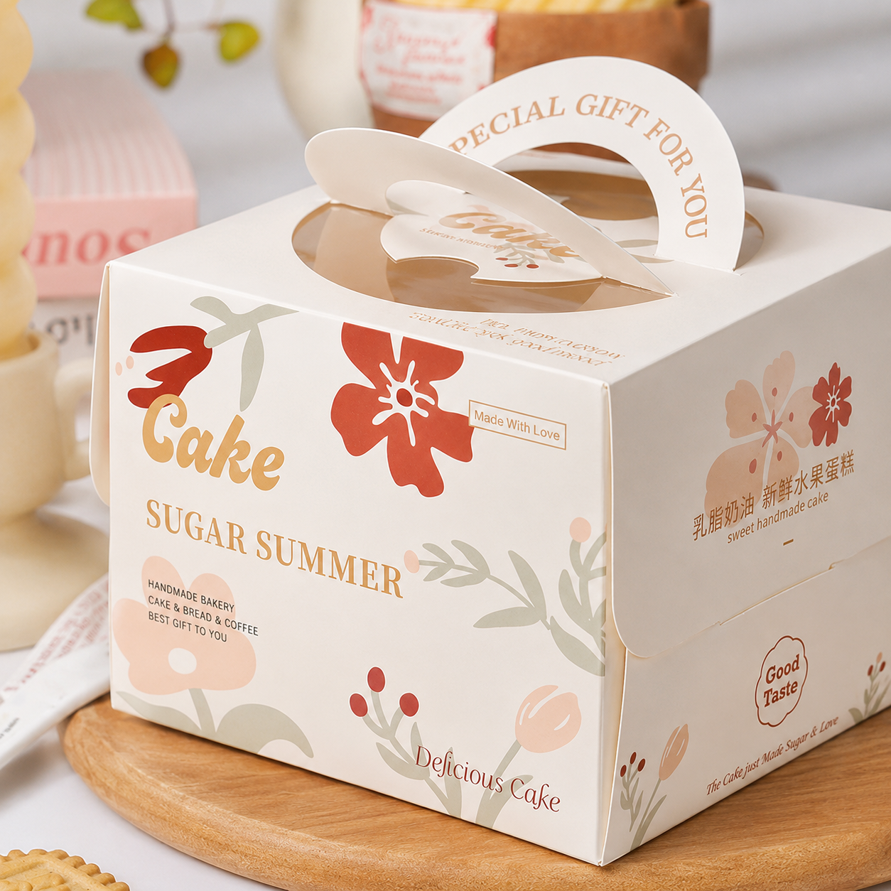 "sugar summer" floral 4 inch cake box with handle & window "sugar summer" floral 4 inch cake box with handle & window
