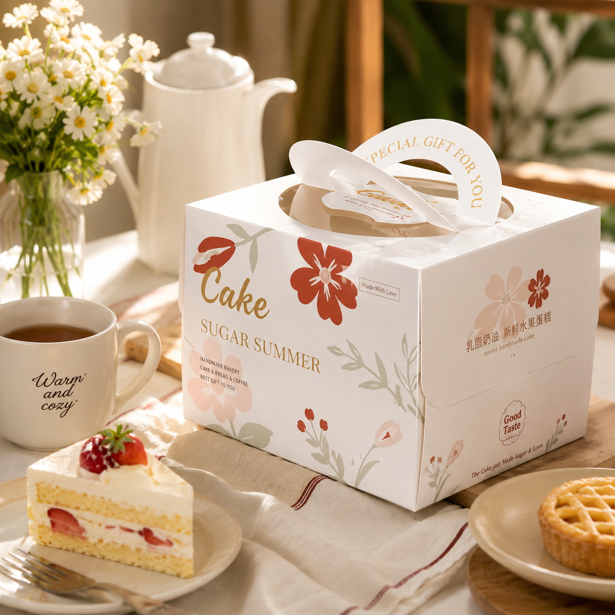 "sweet moments" food illustration 4 inch cake box with handle & window "sweet moments" food illustration 4 inch cake box with handle & window