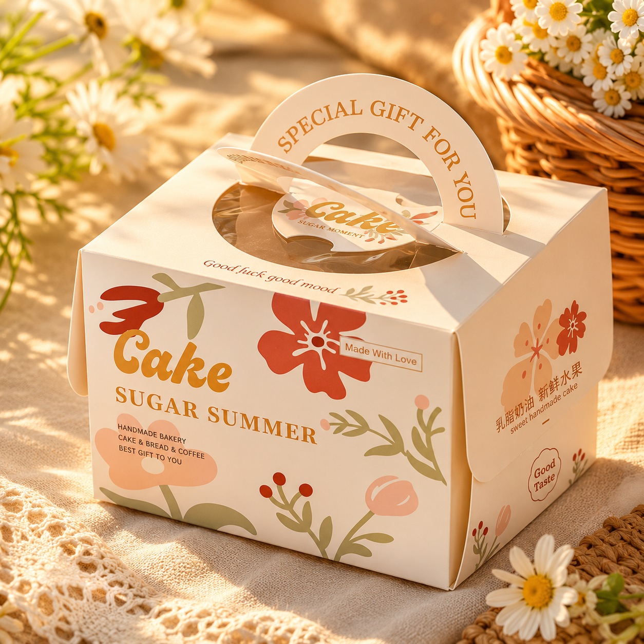 "sugar summer" floral 4 inch cake box with handle & window "sugar summer" floral 4 inch cake box with handle & window