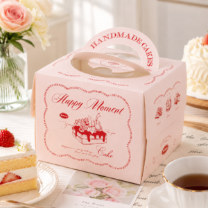 ight pink "happy moment" vintage 4 inch cake box with handle & window
