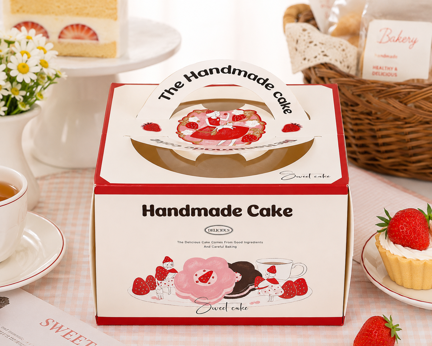 "strawberry girl" hand drawn 4 inch cake box with handle & window "strawberry girl" hand drawn 4 inch cake box with handle & window