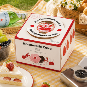 "strawberry girl" hand drawn 4 inch cake box with handle & window