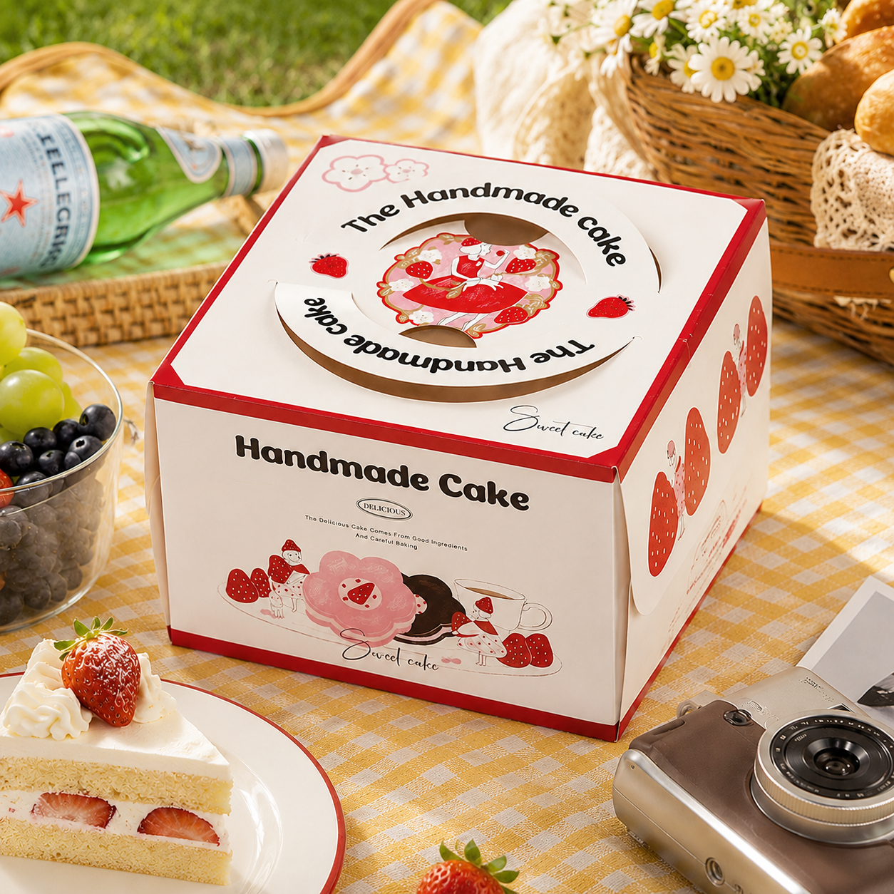 "strawberry girl" hand drawn 4 inch cake box with handle & window "strawberry girl" hand drawn 4 inch cake box with handle & window