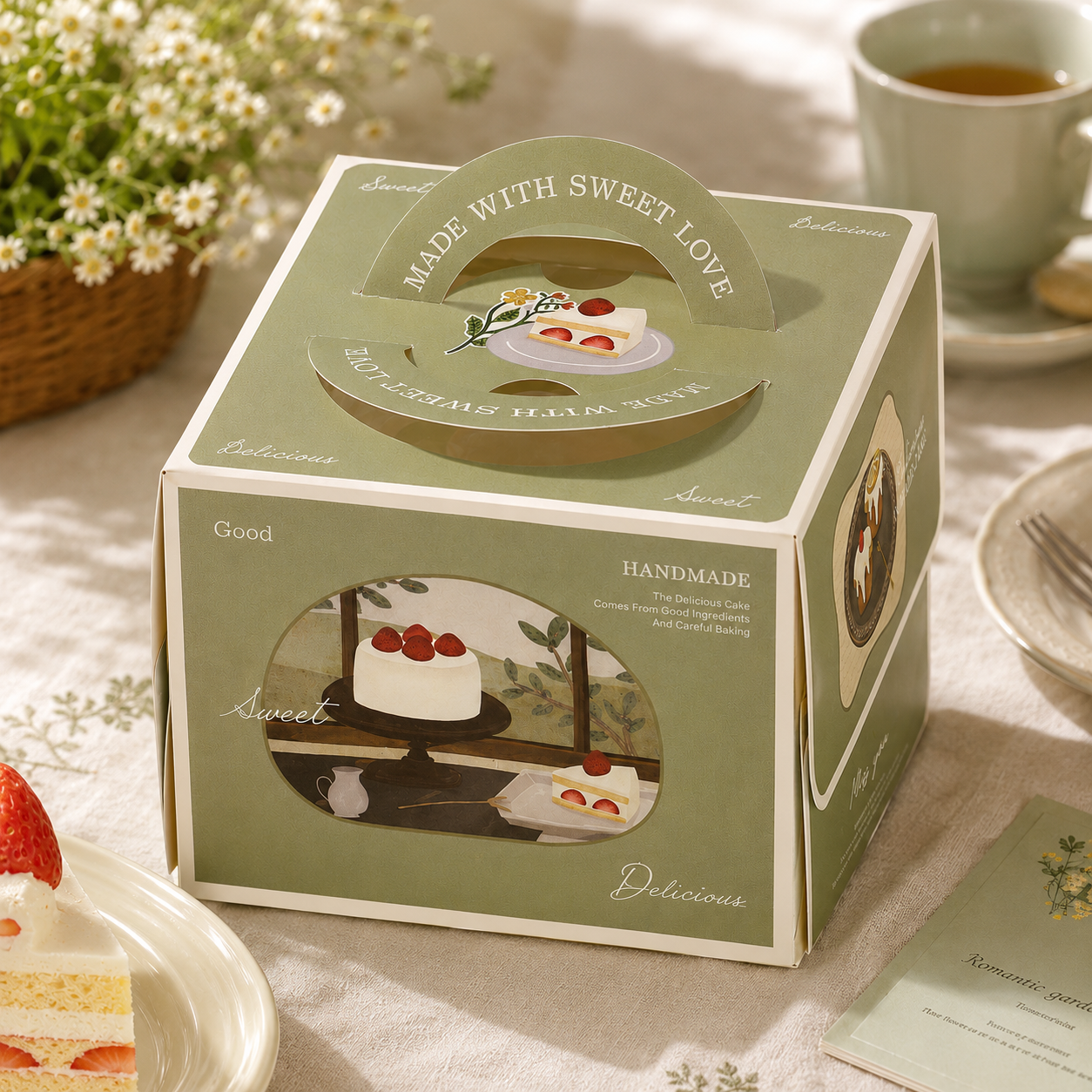 forest style vintage green 4 inch cake box with handle & window forest style vintage green 4 inch cake box with handle & window