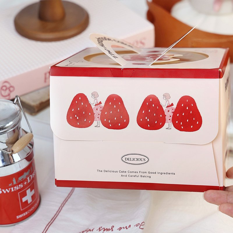 "strawberry girl" hand drawn 4 inch cake box with handle & window "strawberry girl" hand drawn 4 inch cake box with handle & window