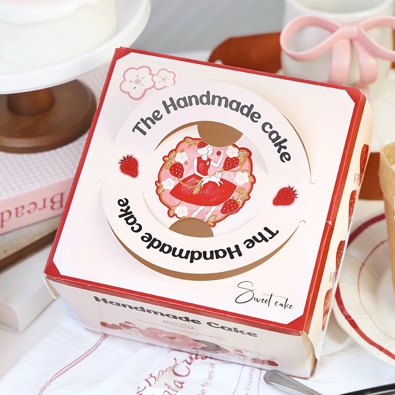 "strawberry girl" hand drawn 4 inch cake box with handle & window "strawberry girl" hand drawn 4 inch cake box with handle & window