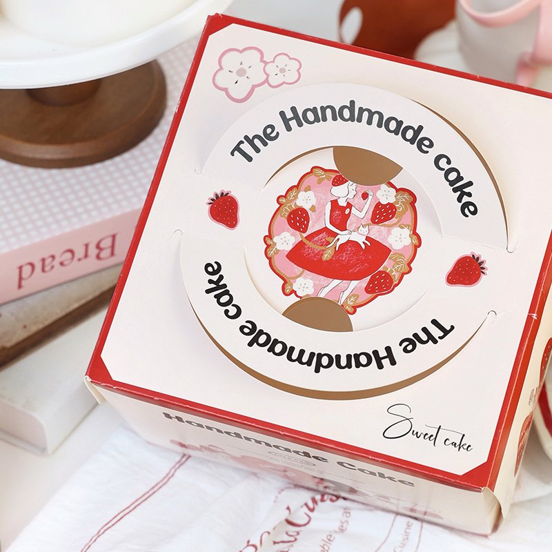 "strawberry girl" hand drawn 4 inch cake box with handle & window "strawberry girl" hand drawn 4 inch cake box with handle & window