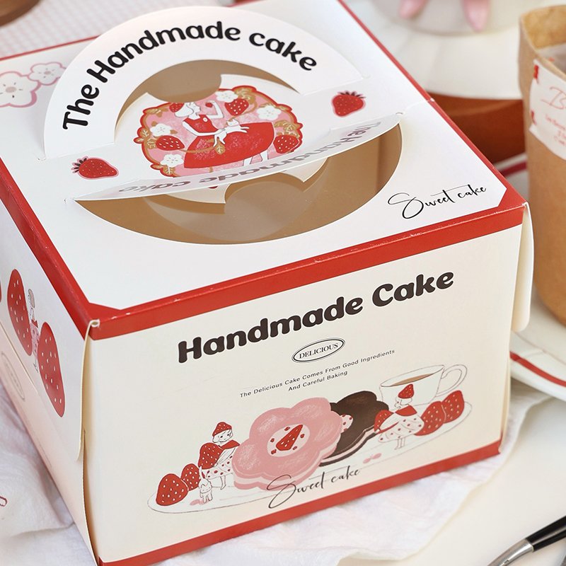 "strawberry girl" hand drawn 4 inch cake box with handle & window "strawberry girl" hand drawn 4 inch cake box with handle & window