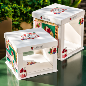 illustrated clear window cake box with tall version for birthday cake packaging