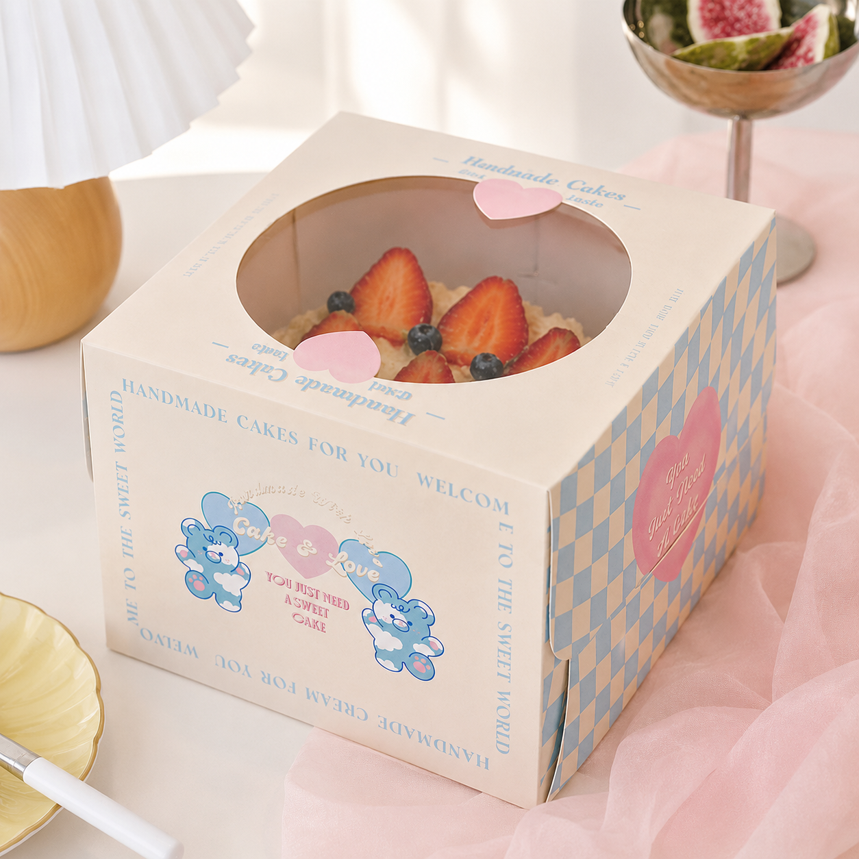 blue checkerboard bear & heart 4 inch cake box with window blue checkerboard bear & heart 4 inch cake box with window