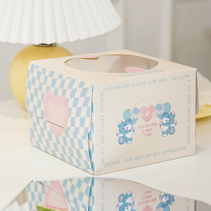 blue checkerboard bear & heart 4 inch cake box with window blue checkerboard bear & heart 4 inch cake box with window
