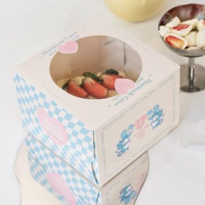 blue checkerboard bear & heart 4 inch cake box with window