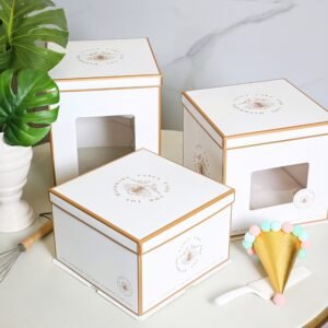 minimal white bird window cake box for simple birthday cake packaging