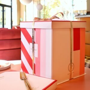 red candy window cake box with striped party dessert packaging