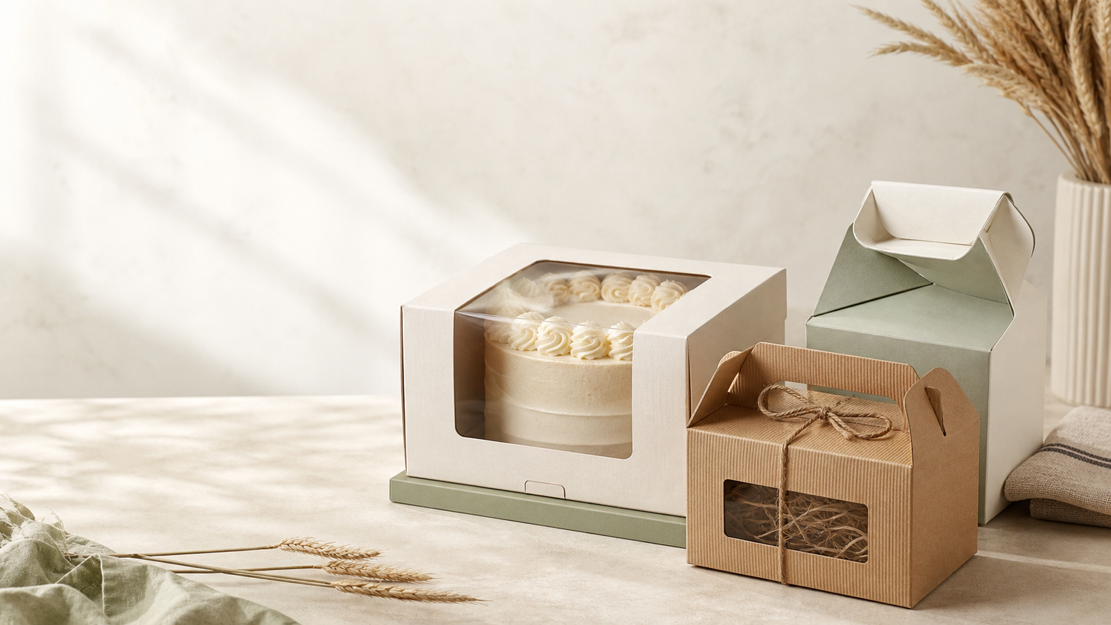 Realistic custom bakery and gift packaging arranged in a warm studio