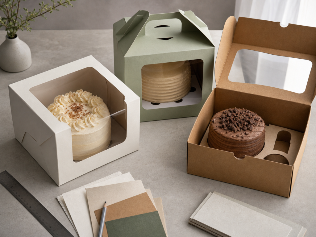 Cake box samples and window materials prepared for bakery packaging review