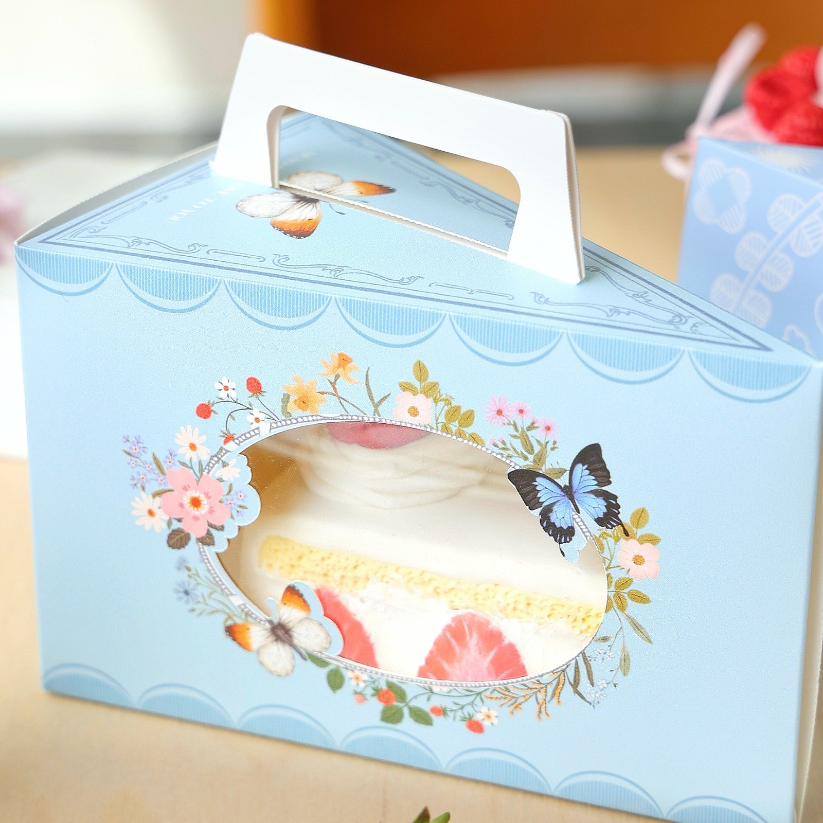 custom blue butterfly wreath triangular slice cake box Custom Blue Butterfly Wreath Triangular Slice Cake Box