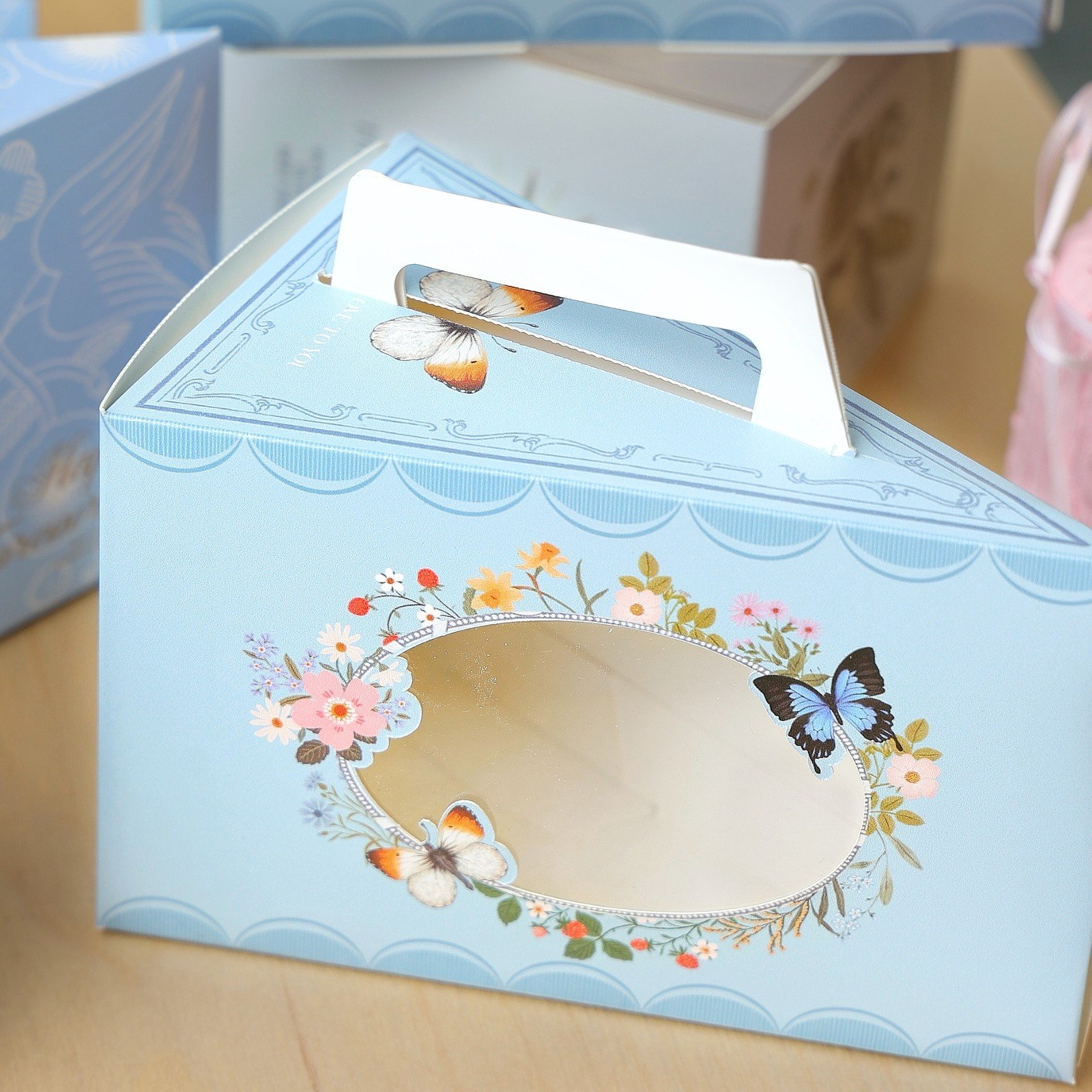 custom blue butterfly wreath triangular slice cake box Custom Blue Butterfly Wreath Triangular Slice Cake Box