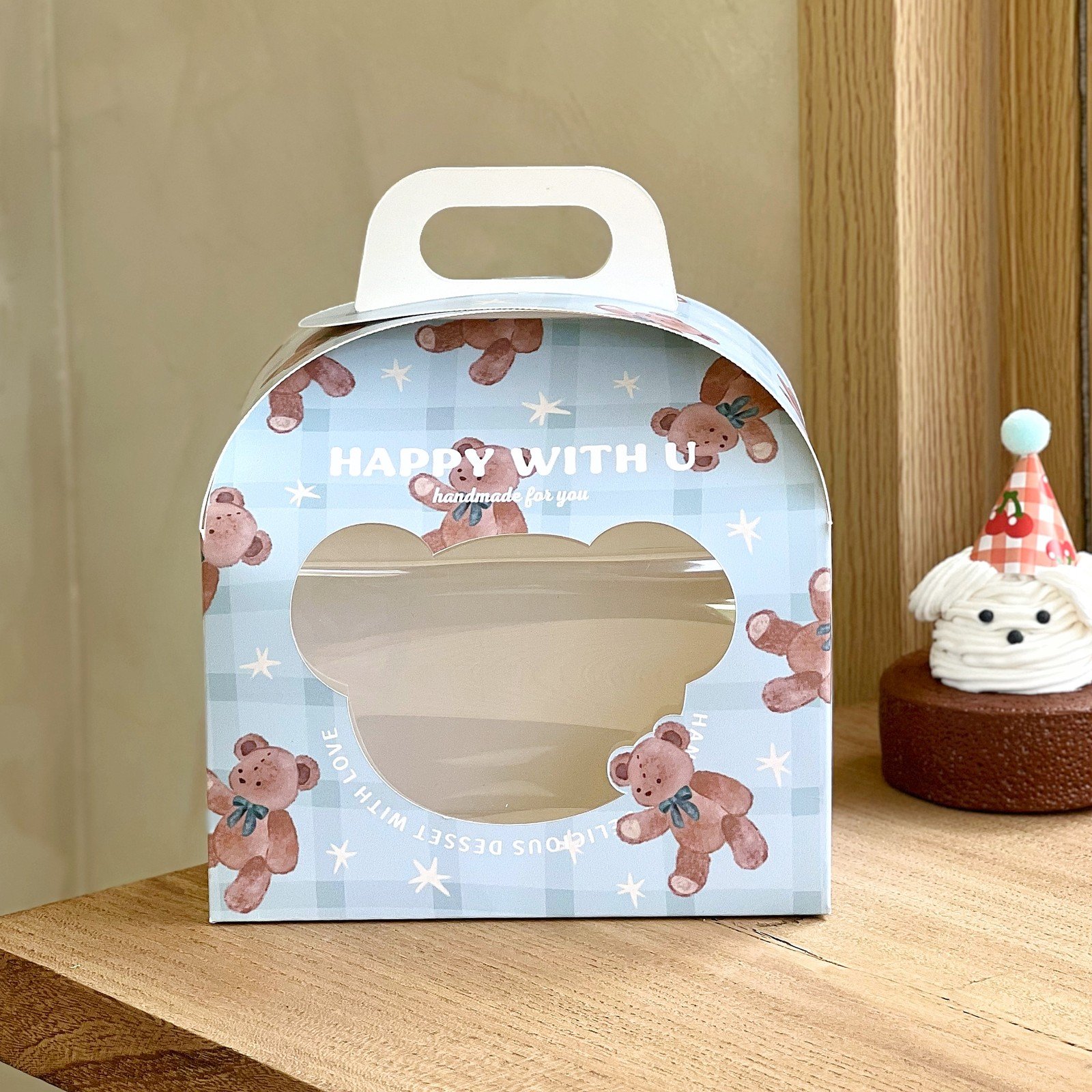 custom blue plaid bear arch window slice cake box Custom Blue Plaid Bear Arch Window Slice Cake Box
