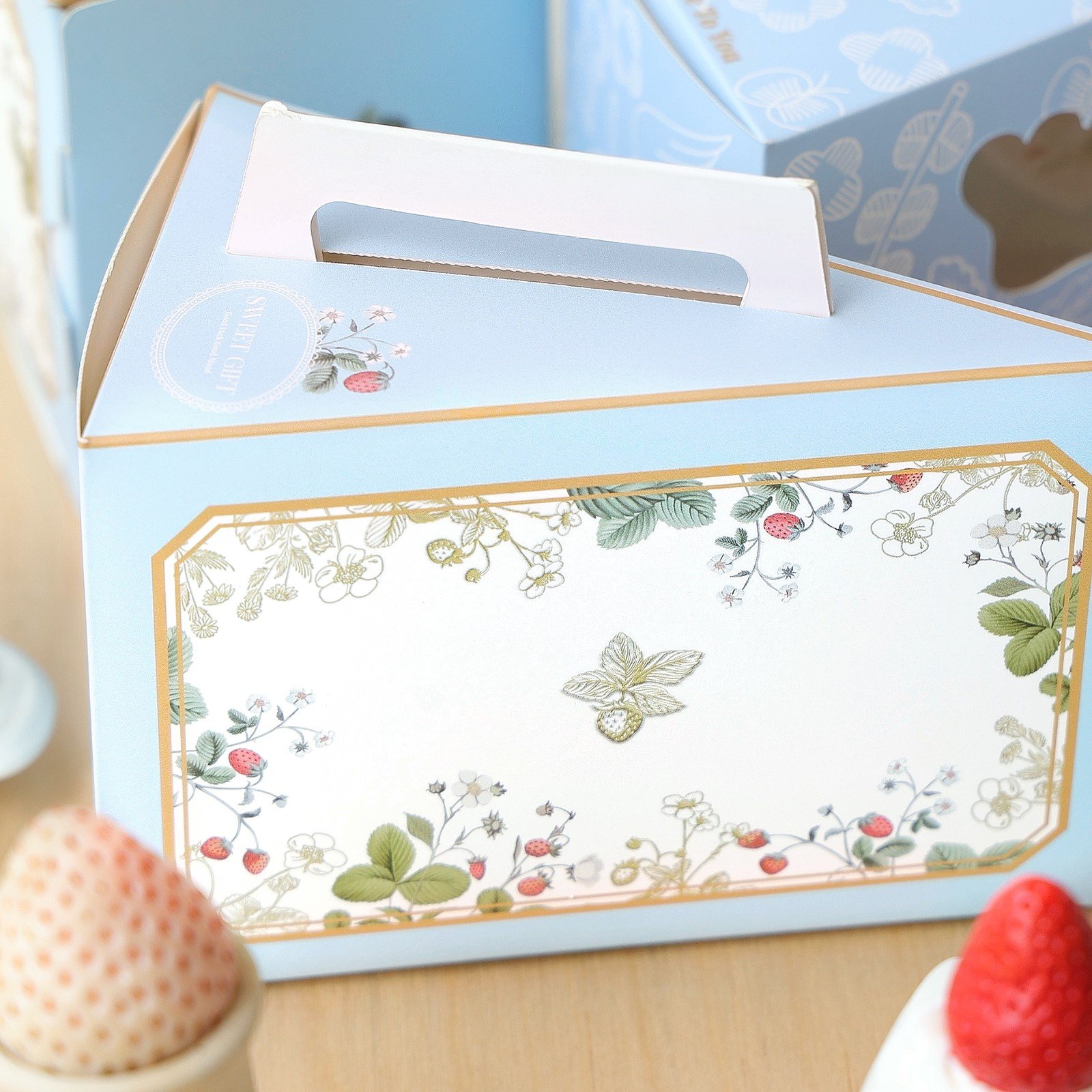 custom blue strawberry floral triangular slice cake box Custom Blue Strawberry Floral Triangular Slice Cake Box