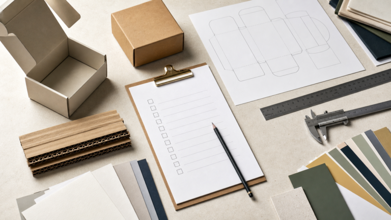 Custom packaging inquiry checklist with box samples, dieline and measuring tools