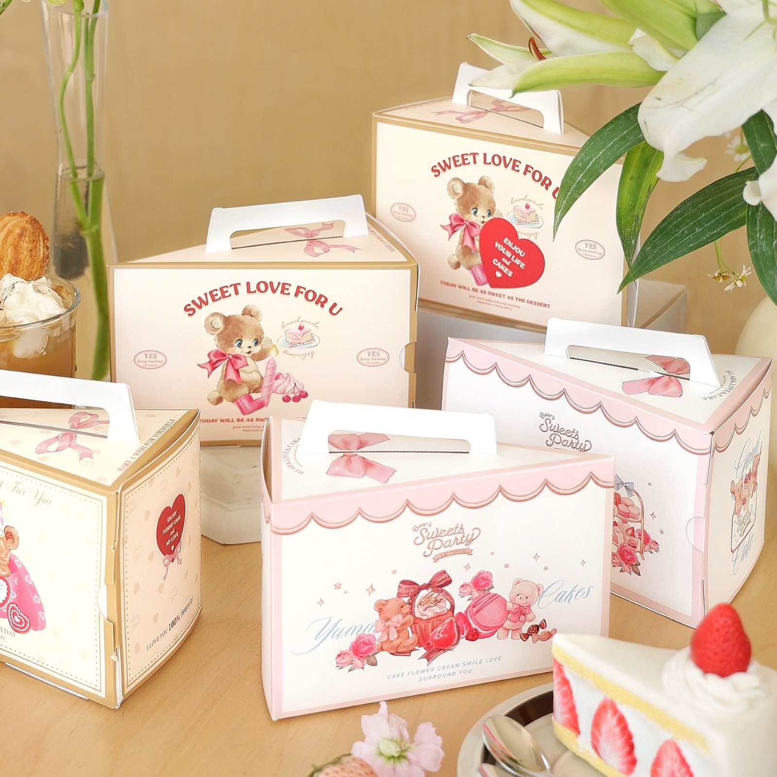 custom pink bear collection coordinated slice cake box series Custom Pink Bear Collection Coordinated Slice Cake Box Series