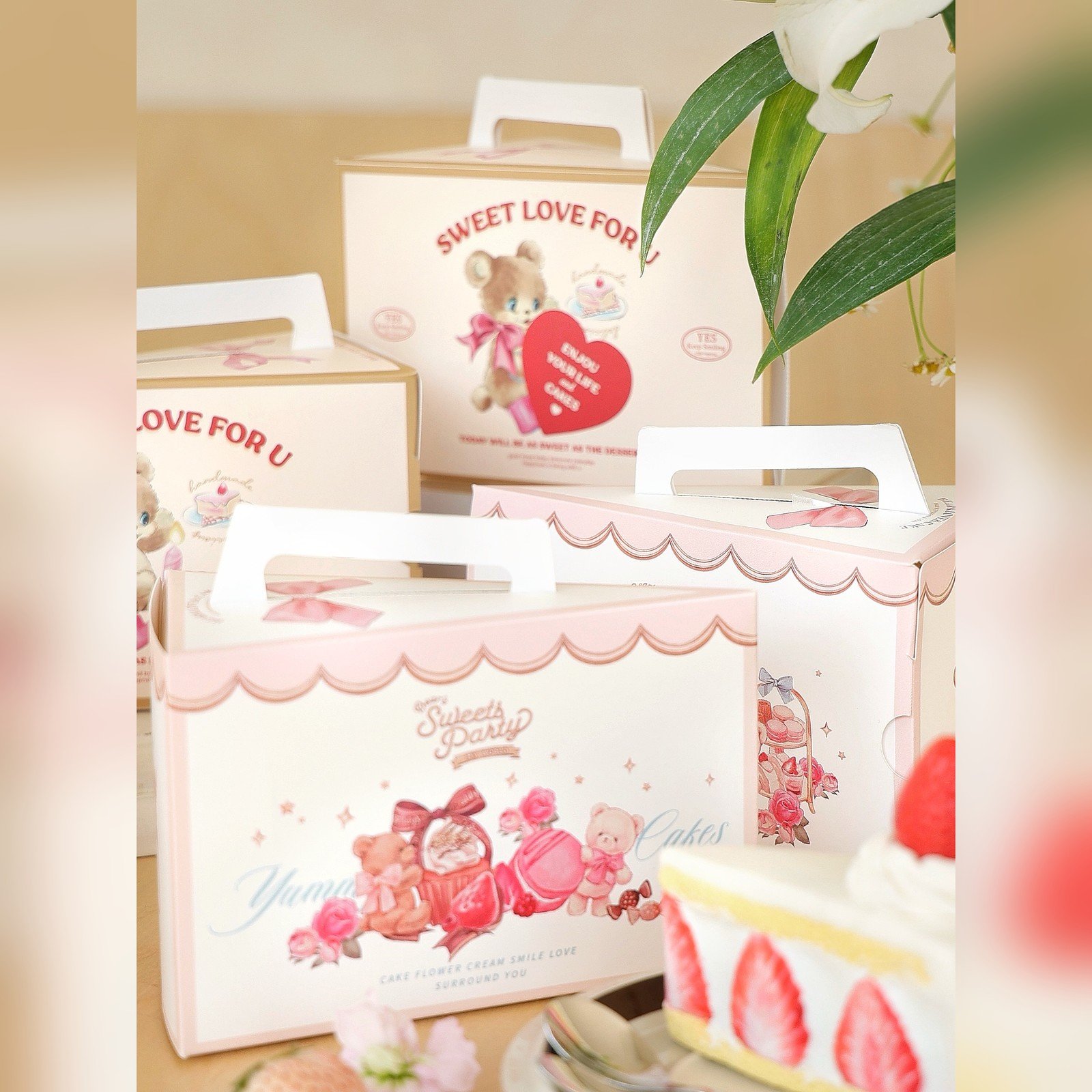custom pink bear collection coordinated slice cake box series Custom Pink Bear Collection Coordinated Slice Cake Box Series