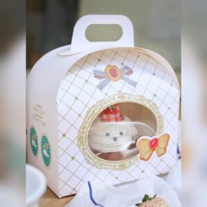 Custom White Gold Plaid Bear Arch Window Slice Cake Box