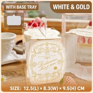Custom White Gold Trim Clear Slice Cake Box