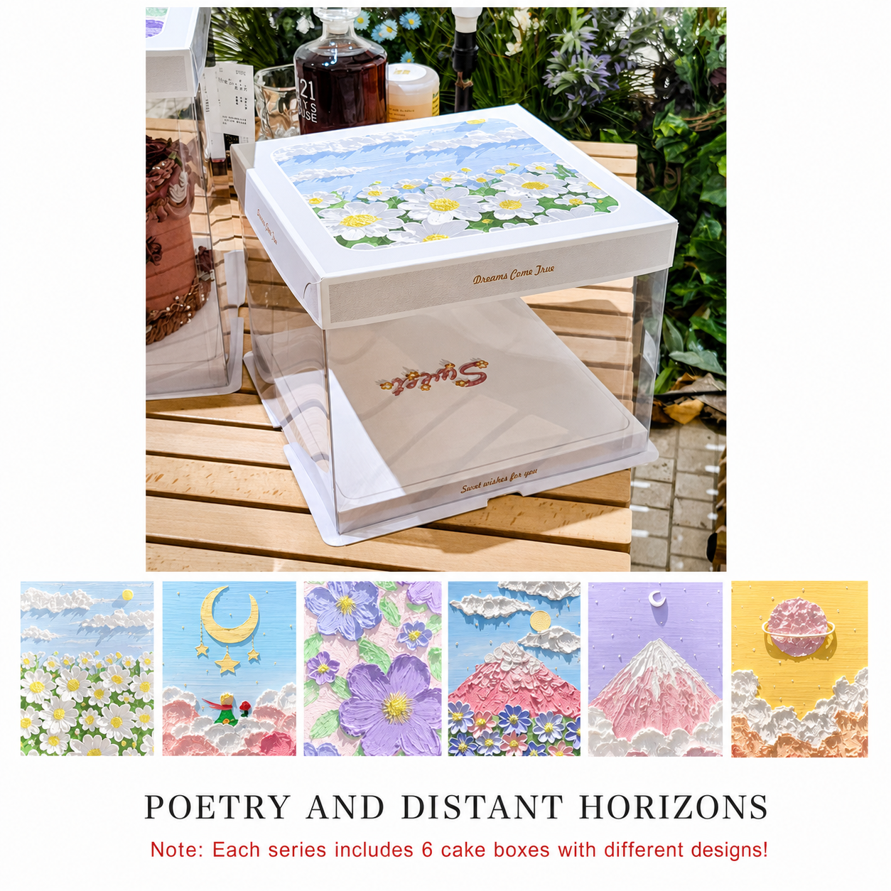 Poetry and Distant Horizons Transparent Cake Box Series Transparent cake box with Poetry and Distant Horizons hand-painted lid designs