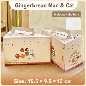 Gingerbread Man and Cat triangular slice cake boxes with handles and cake bases