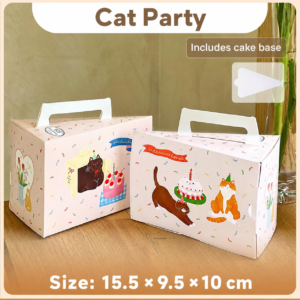 Cat Party triangular slice cake boxes with handles and cake bases