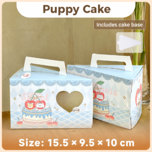 Blue Puppy Cake triangular slice cake boxes with heart-shaped windows
