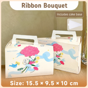 Ribbon Bouquet triangular slice cake boxes with handles and cake bases