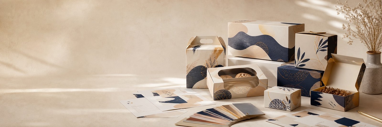 Custom printed packaging with original artwork and coordinated brand patterns